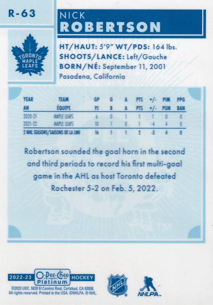 2022-23 UD O-Pee-Chee Platinum - Nick Robertson - Retro #R-63