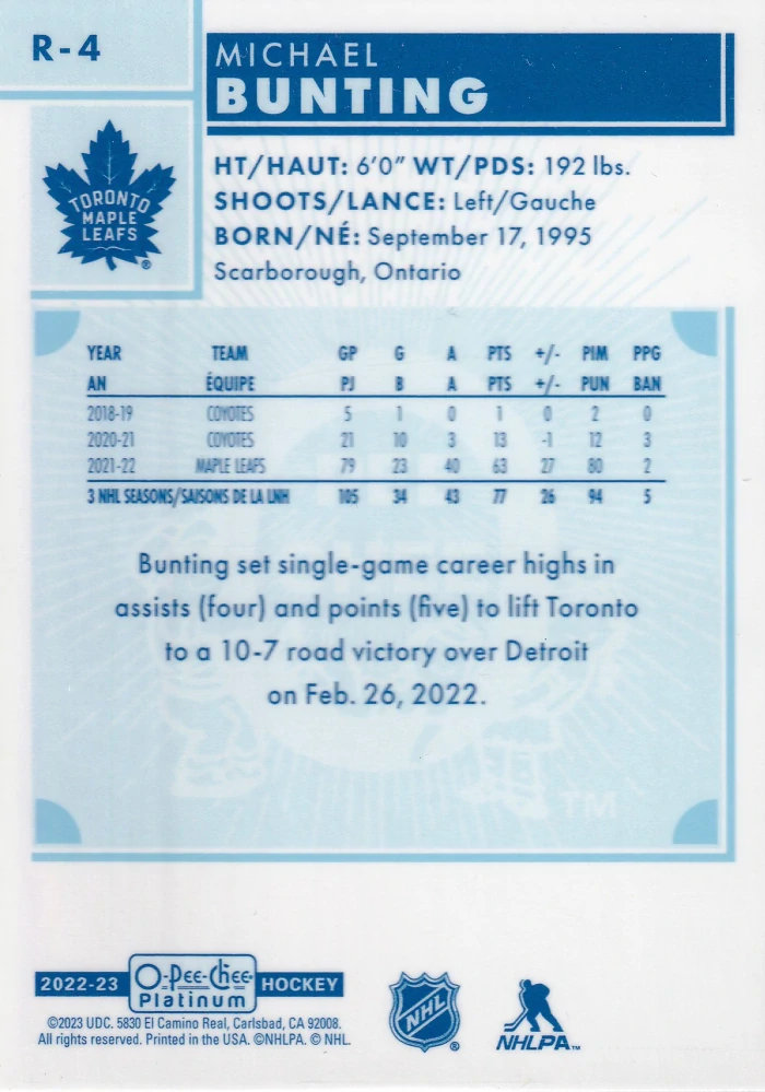 2022-23 UD O-Pee-Chee Platinum - Michael Bunting - Retro #R-4