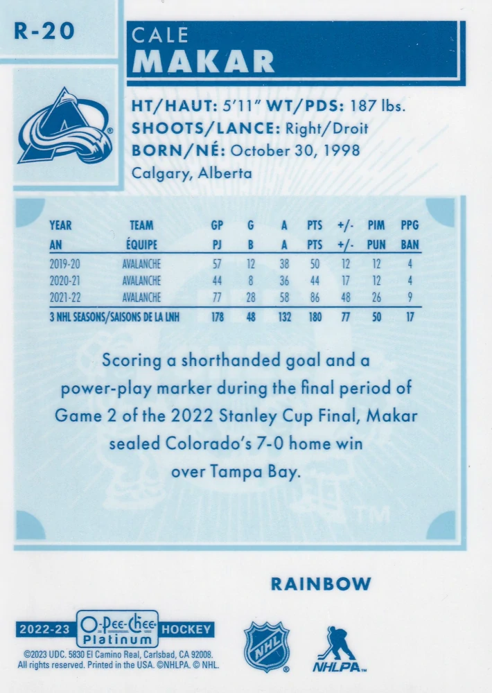 2022-23 UD O-Pee-Chee Platinum - Cale Makar - Retro Rainbow #R-20