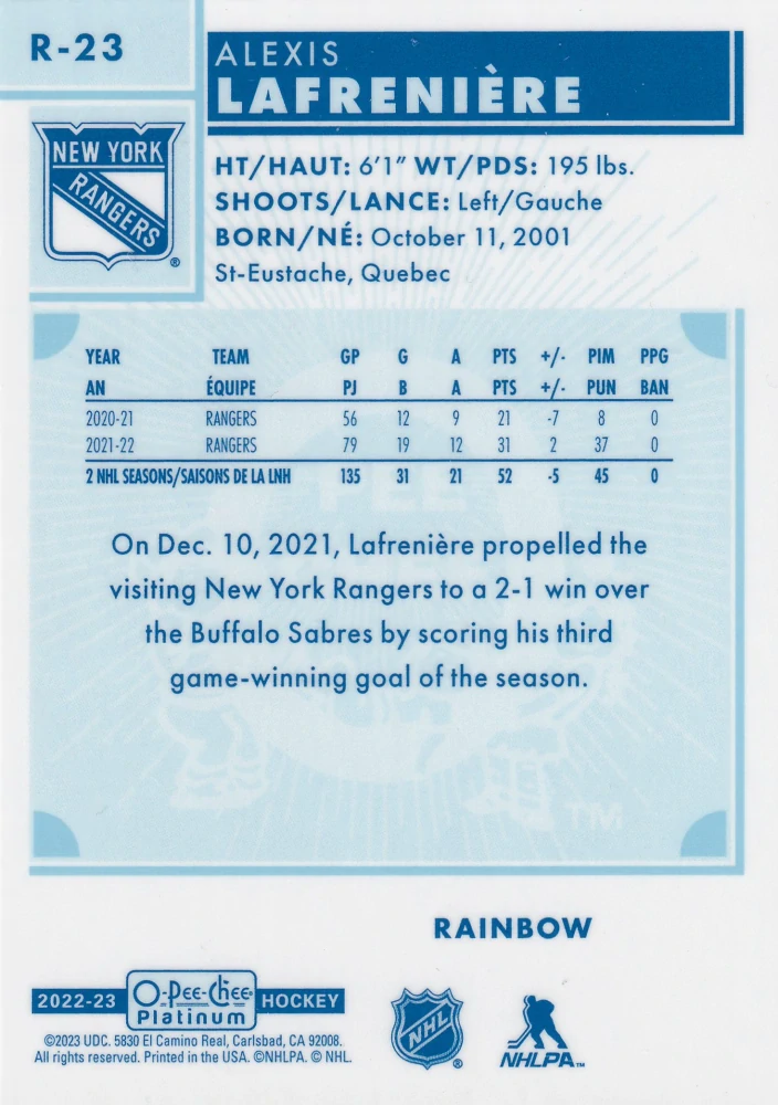 2022-23 UD O-Pee-Chee Platinum - Alexis Lafreniere - Retro Rainbow #R-23