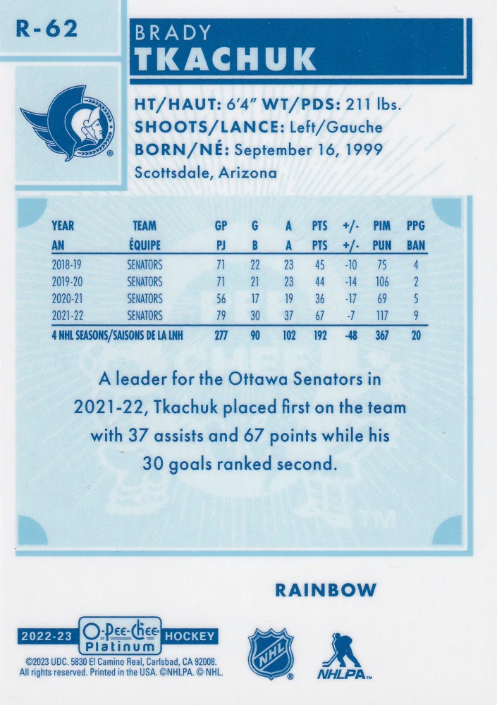 2022-23 UD O-Pee-Chee Platinum - Brady Tkachuk - Retro Rainbow #R-62