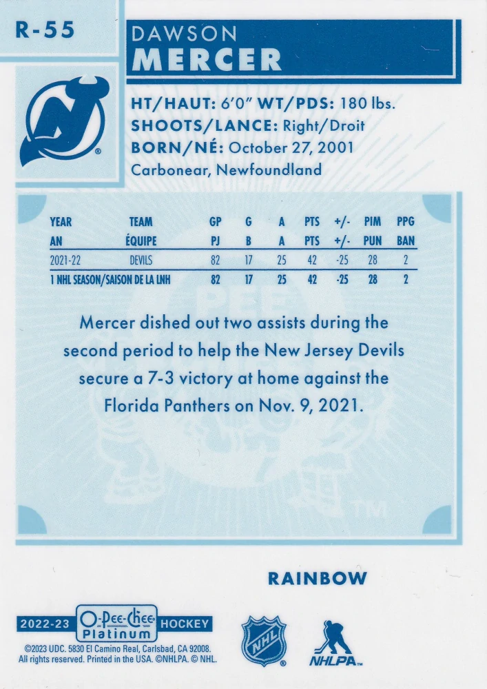 2022-23 UD O-Pee-Chee Platinum - Dawson Mercer - Retro Rainbow #R-55