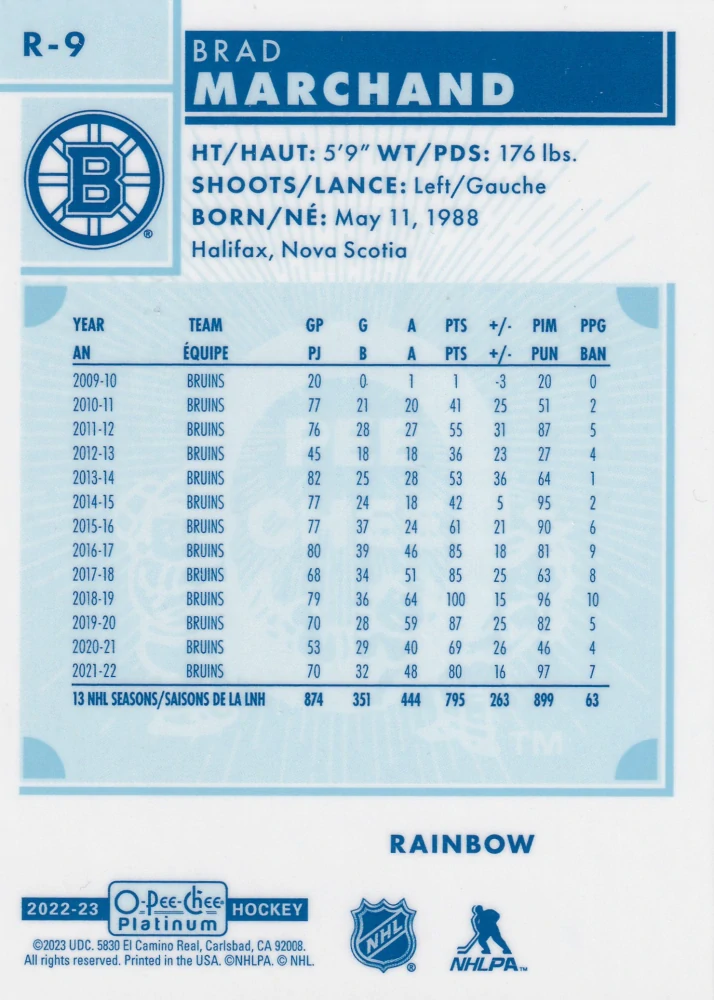 2022-23 UD O-Pee-Chee Platinum - Brad Marchand - Retro Rainbow #R-9