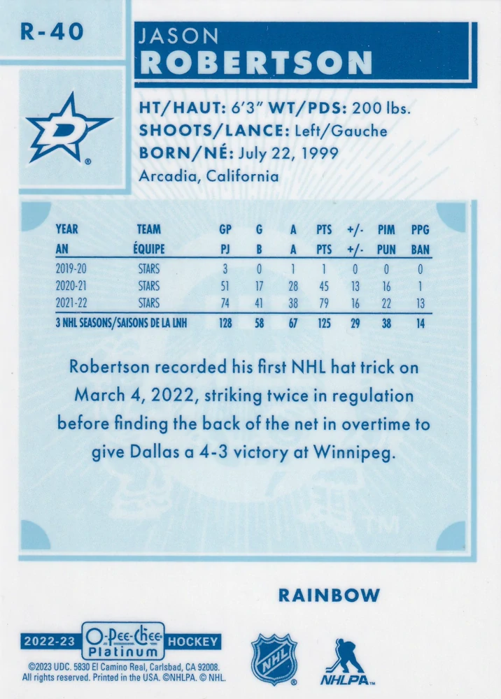 2022-23 UD O-Pee-Chee Platinum - Jason Robertson - Retro Rainbow #R-40