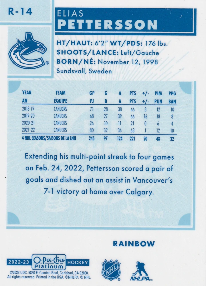 2022-23 UD O-Pee-Chee Platinum - Elias Pettersson - Retro Rainbow #R-14