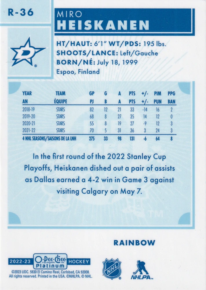 2022-23 UD O-Pee-Chee Platinum - Miro Heiskanen - Retro Rainbow #R-36