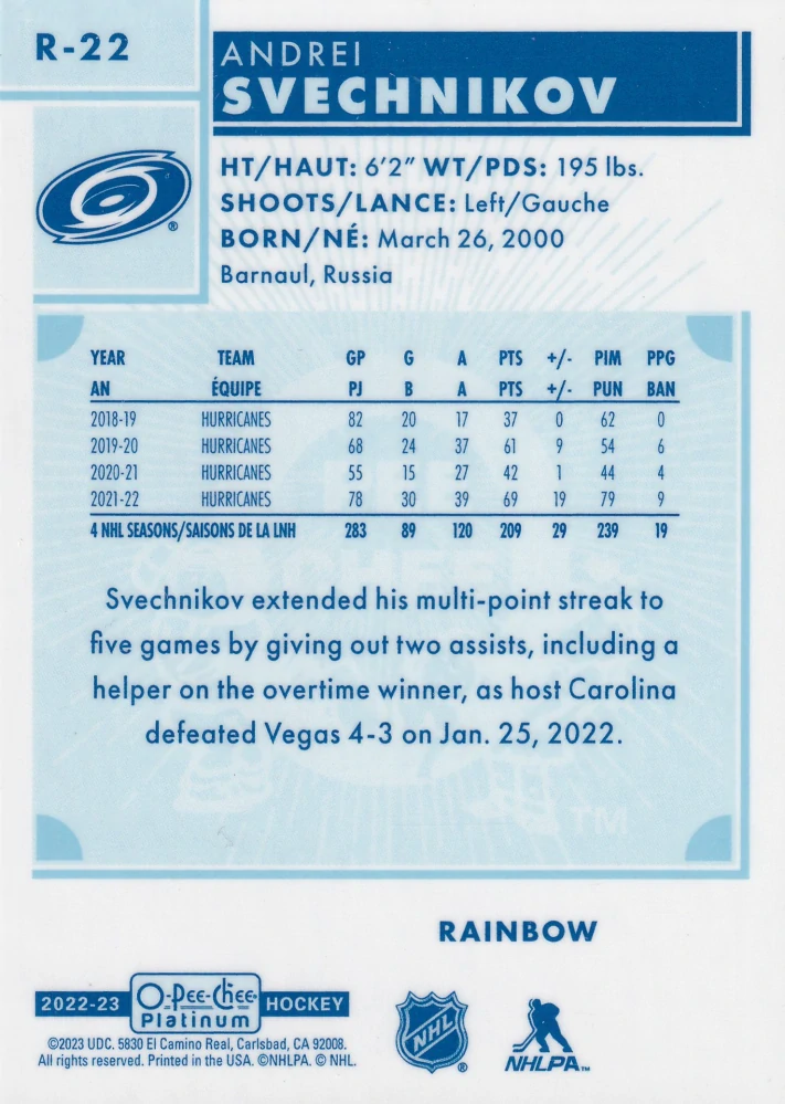 2022-23 UD O-Pee-Chee Platinum - Andrei Svechnikov - Retro Rainbow #R-22