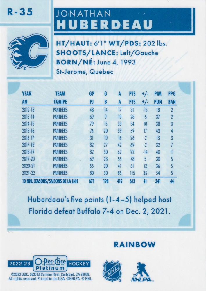 2022-23 UD O-Pee-Chee Platinum - Jonathan Huberdeau - Retro Rainbow #R-35