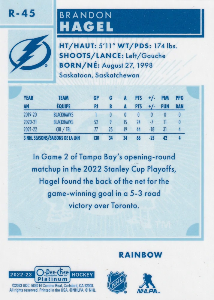 2022-23 UD O-Pee-Chee Platinum - Brandon Hagel - Retro Rainbow #R-45