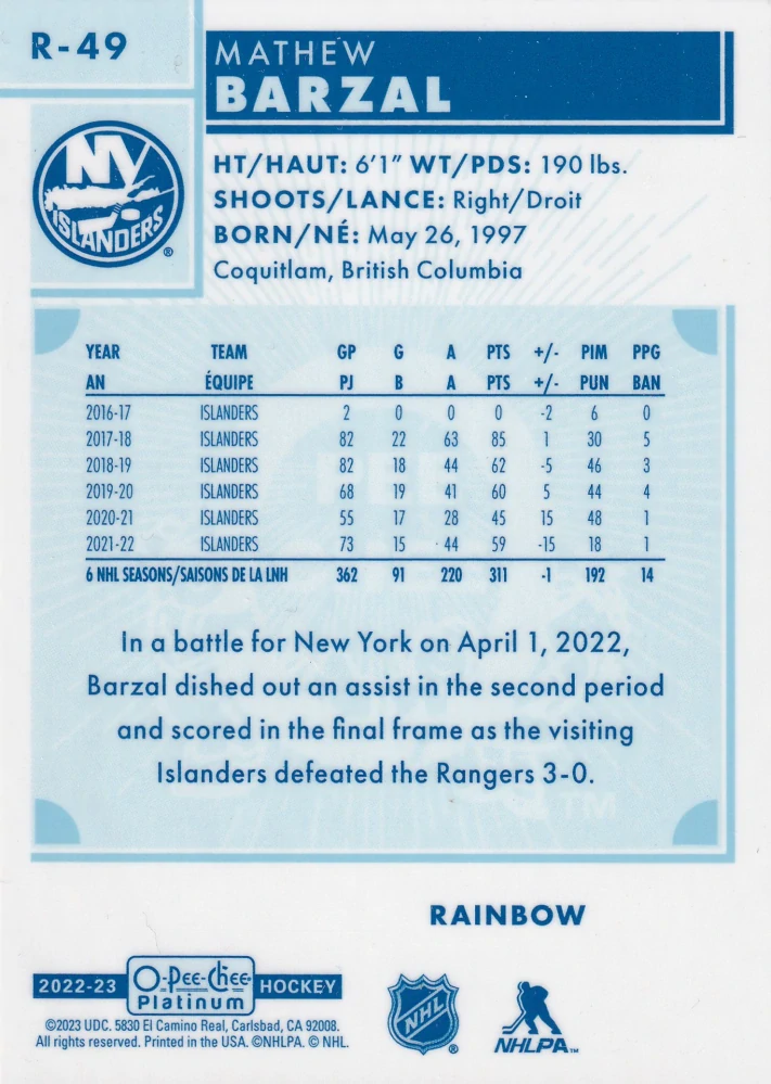 2022-23 UD O-Pee-Chee Platinum - Mathew Barzal - Retro Rainbow #R-49