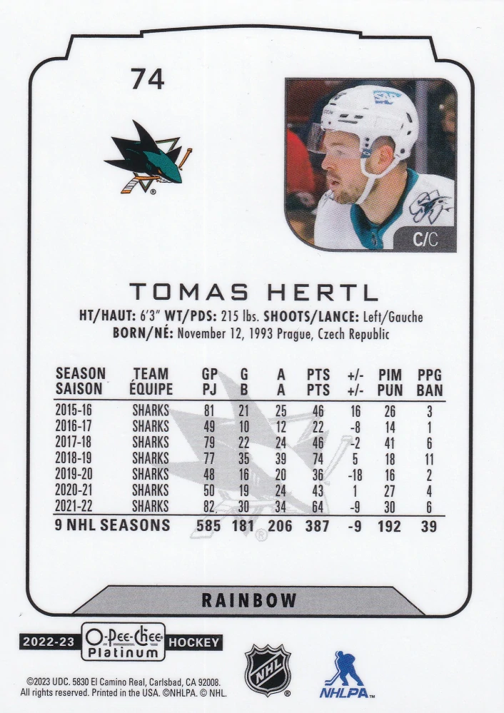 2022-23 UD O-Pee-Chee Platinum - Tomáš Hertl - Rainbow #74
