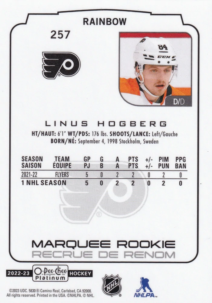 2022-23 UD O-Pee-Chee Platinum - Linus Hogberg - Marquee Rookie Rainbow #257