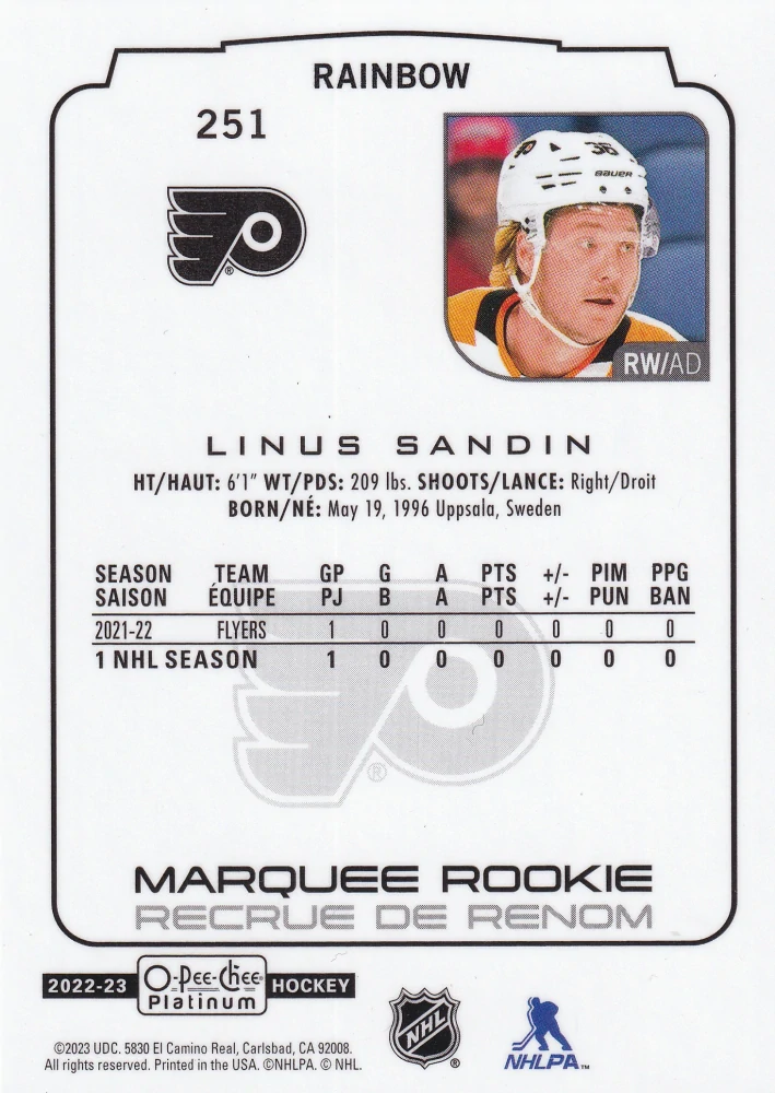 2022-23 UD O-Pee-Chee Platinum - Linus Sandin - Marquee Rookie Rainbow #251