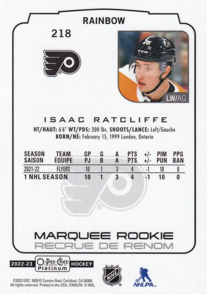 2022-23 UD O-Pee-Chee Platinum - Isaac Ratcliffe - Marquee Rookie Rainbow #218