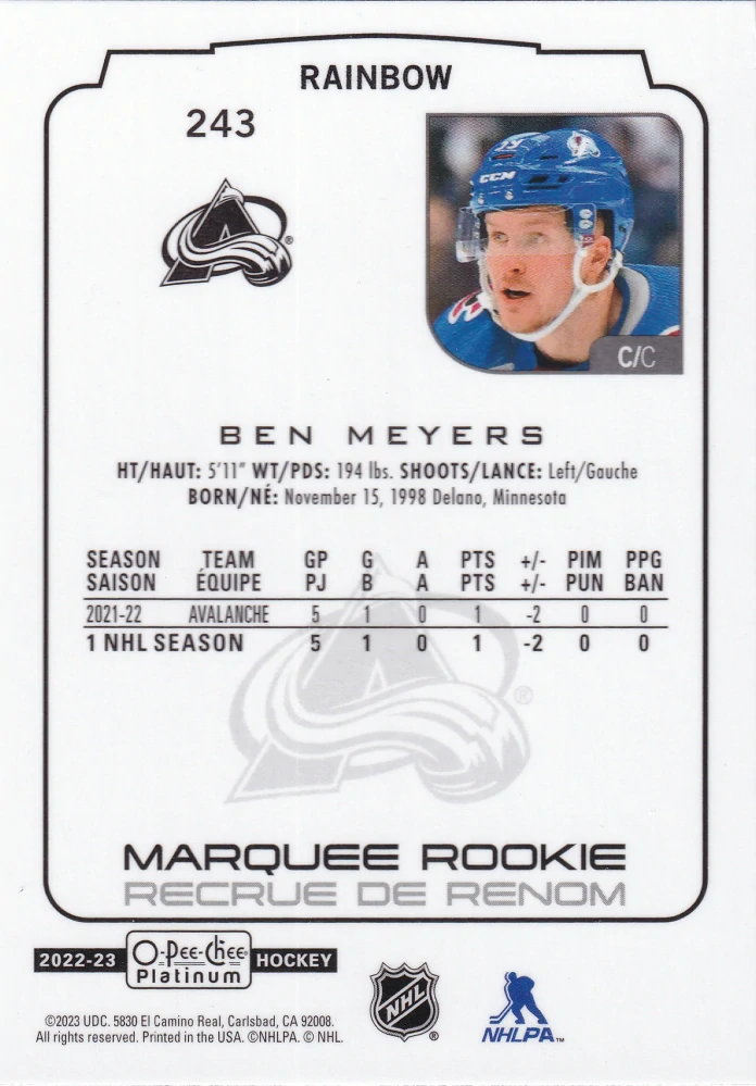 2022-23 UD O-Pee-Chee Platinum - Ben Meyers - Marquee Rookie Rainbow #243