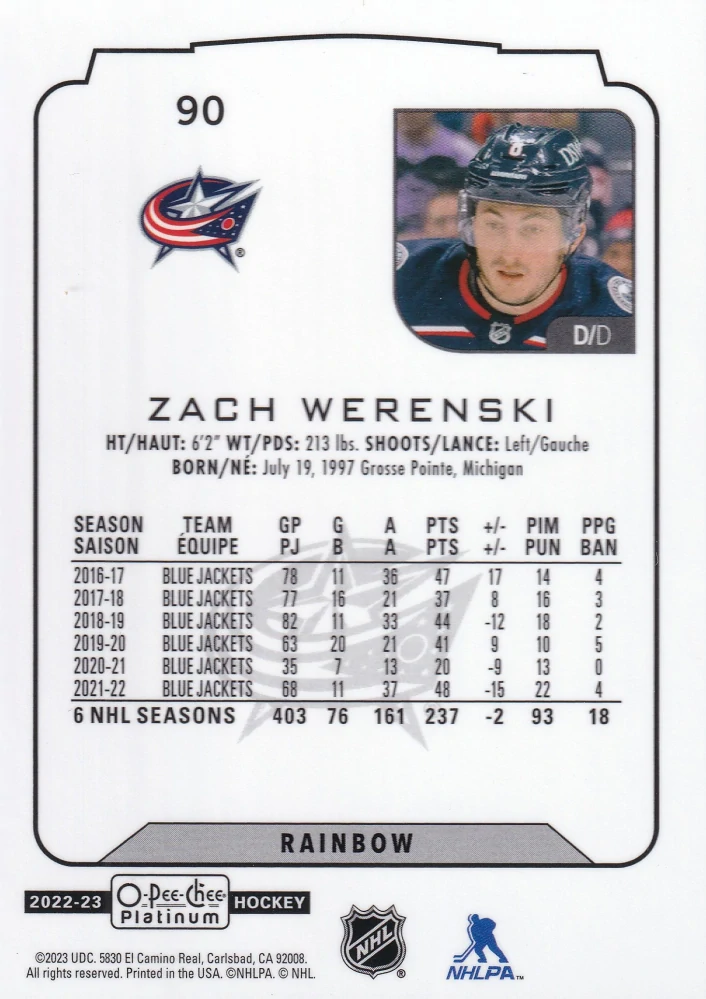 2022-23 UD O-Pee-Chee Platinum - Zach Werenski - Rainbow #90