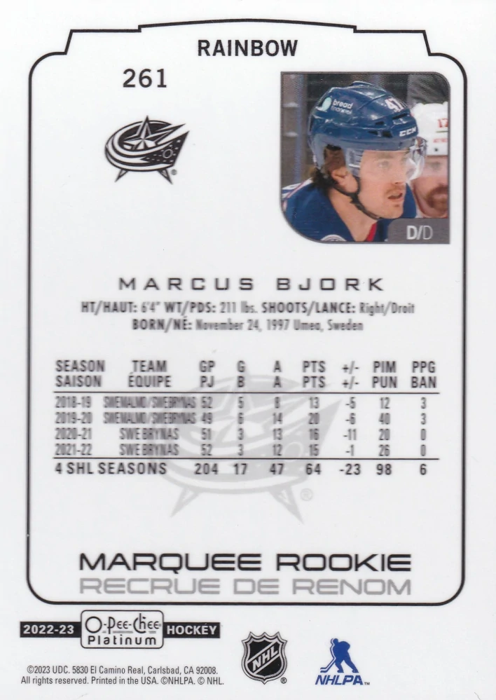 2022-23 UD O-Pee-Chee Platinum - Marcus Bjork - Marquee Rookie Rainbow #261