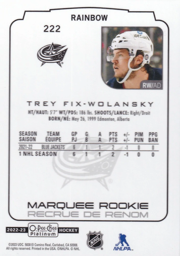 2022-23 UD O-Pee-Chee Platinum - Trey Fix-Wolansky - Marquee Rookie Rainbow #222