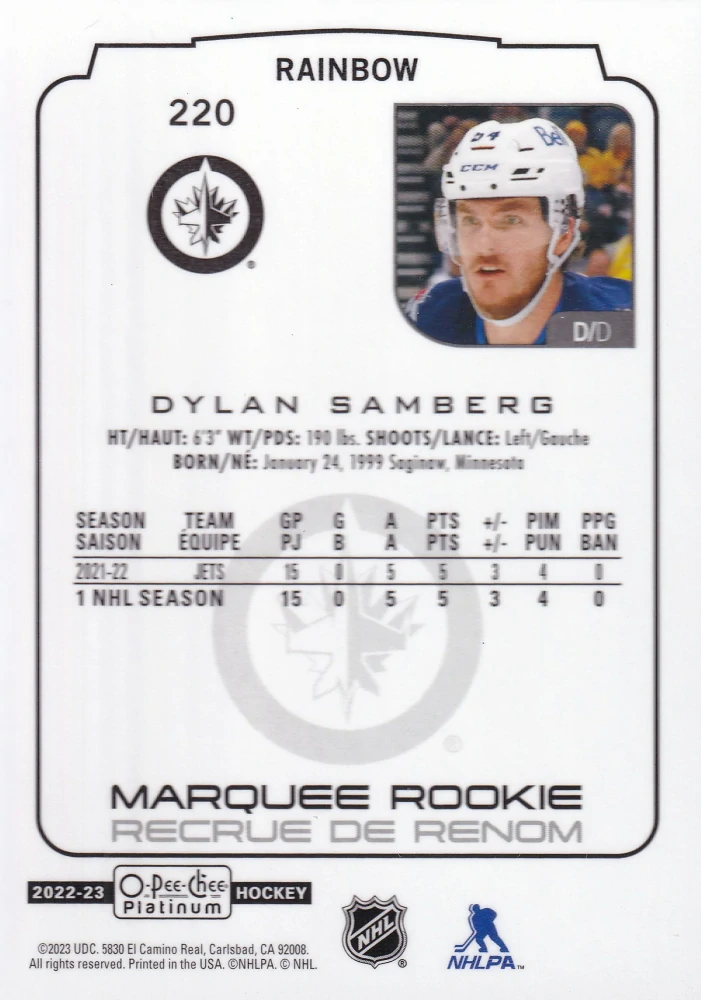 2022-23 UD O-Pee-Chee Platinum - Dylan Samberg - Marquee Rookie Rainbow #220