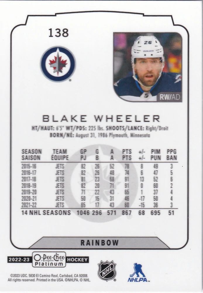 2022-23 UD O-Pee-Chee Platinum - Blake Wheeler - Rainbow #138