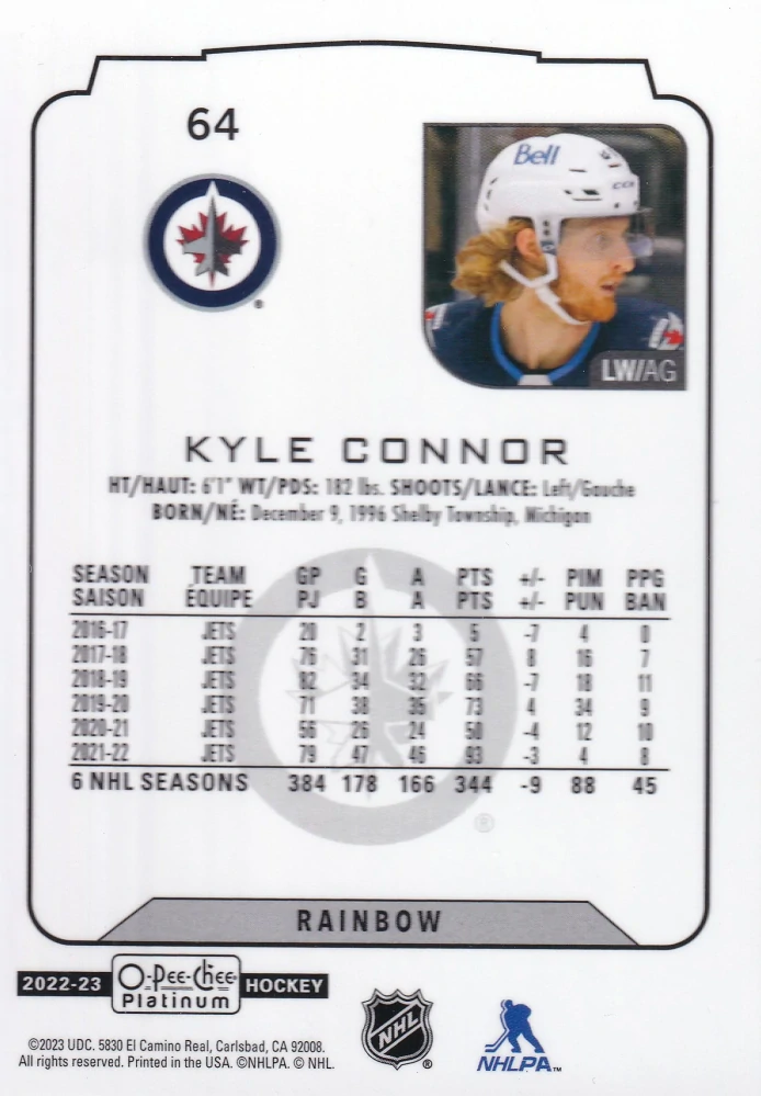 2022-23 UD O-Pee-Chee Platinum - Kyle Connor - Rainbow #64