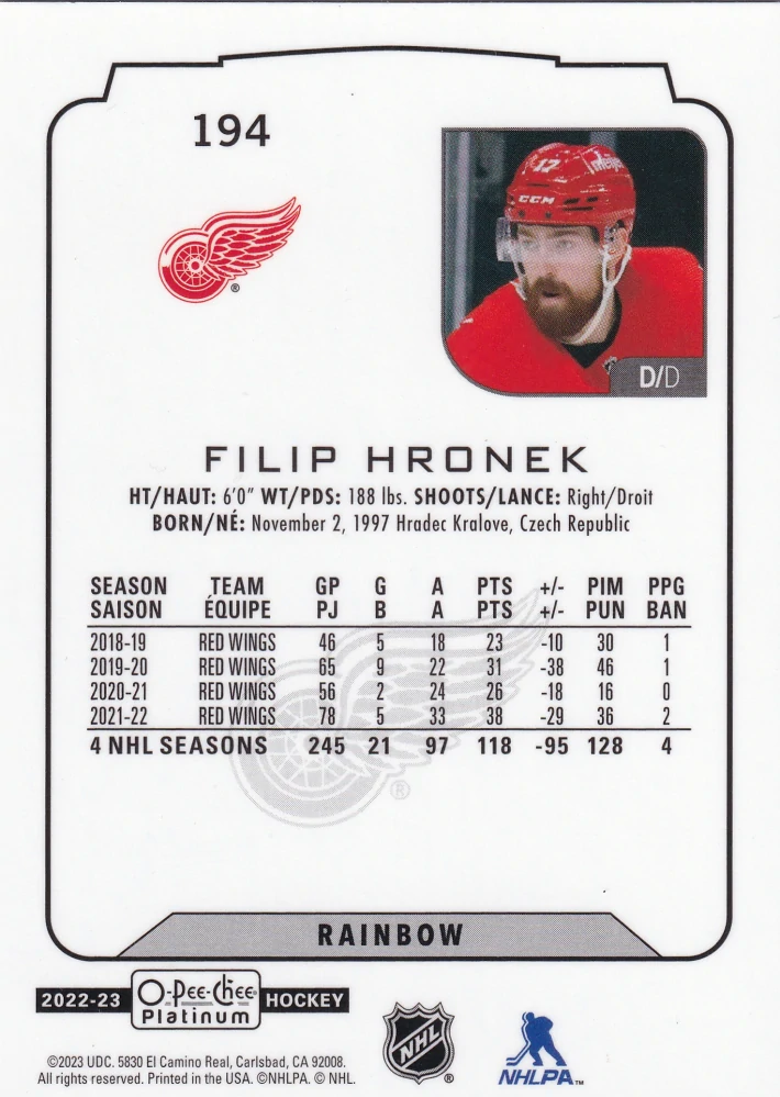 2022-23 UD O-Pee-Chee Platinum - Filip Hronek - Rainbow #194
