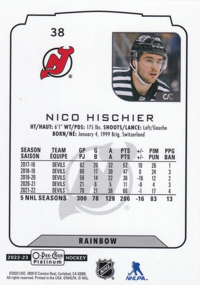 2022-23 UD O-Pee-Chee Platinum - Nico Hischier - Rainbow #38