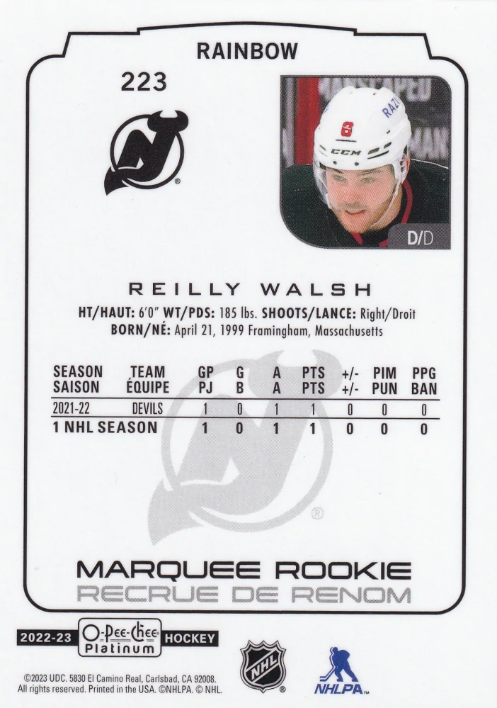 2022-23 UD O-Pee-Chee Platinum - Reilly Walsh - Marquee Rookie Rainbow #223