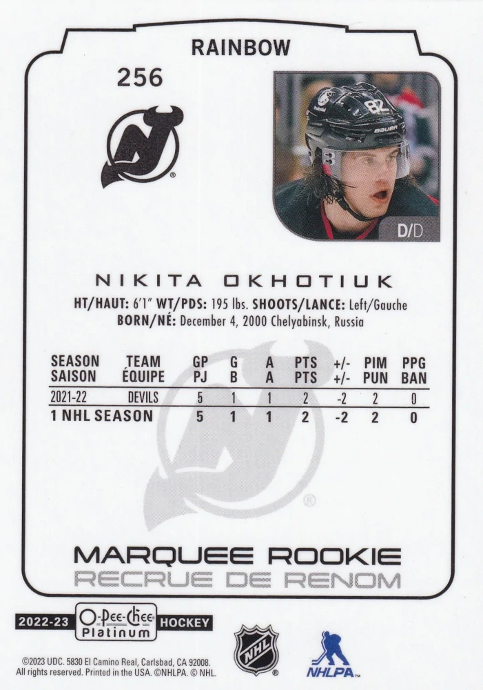 2022-23 UD O-Pee-Chee Platinum - Nikita Okhotiuk - Marquee Rookie Rainbow #256