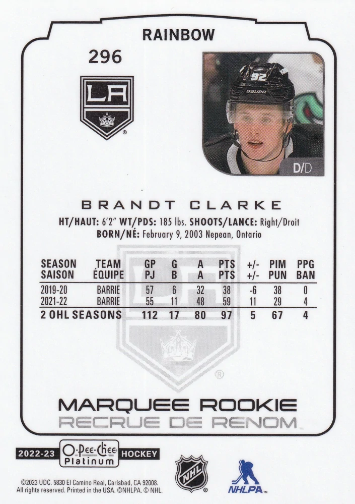 2022-23 UD O-Pee-Chee Platinum - Brandt Clarke - Marquee Rookie Rainbow #296