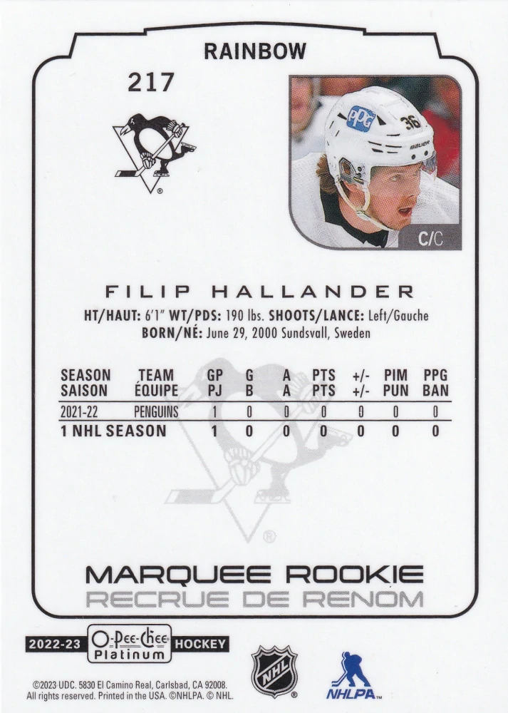 2022-23 UD O-Pee-Chee Platinum - Filip Hallander - Marquee Rookie Rainbow #217
