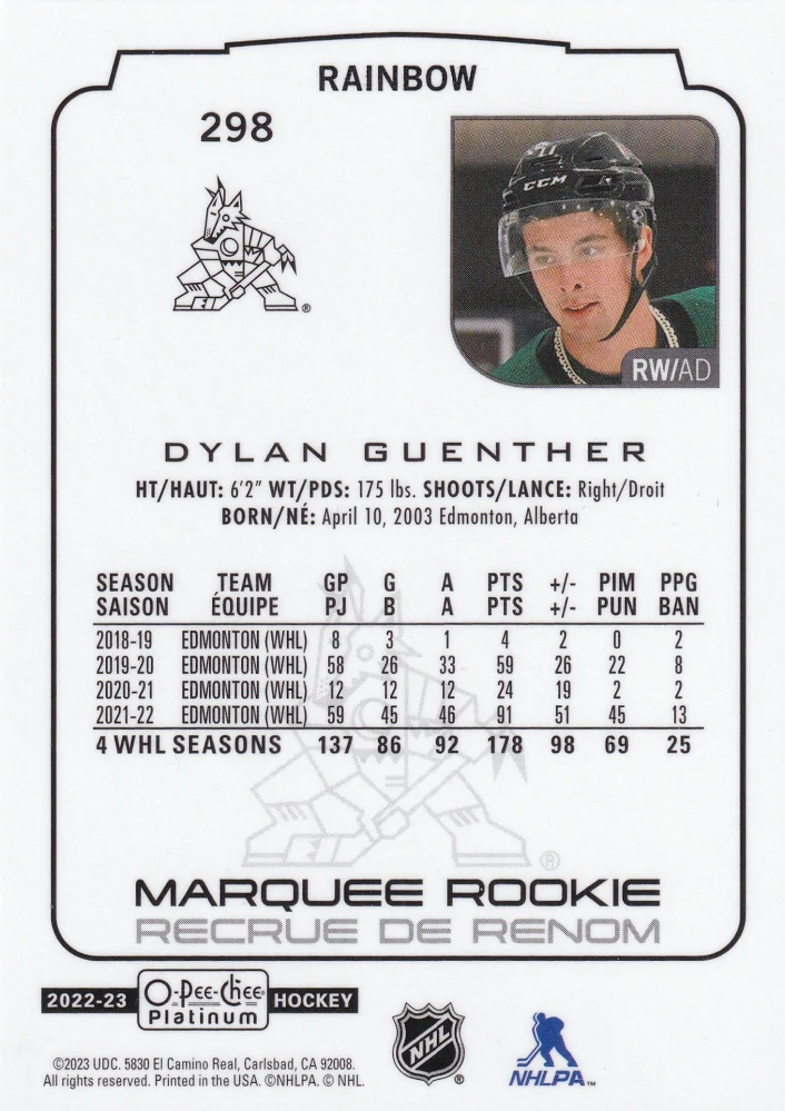 2022-23 UD O-Pee-Chee Platinum - Dylan Guenther - Marquee Rookie Rainbow #298