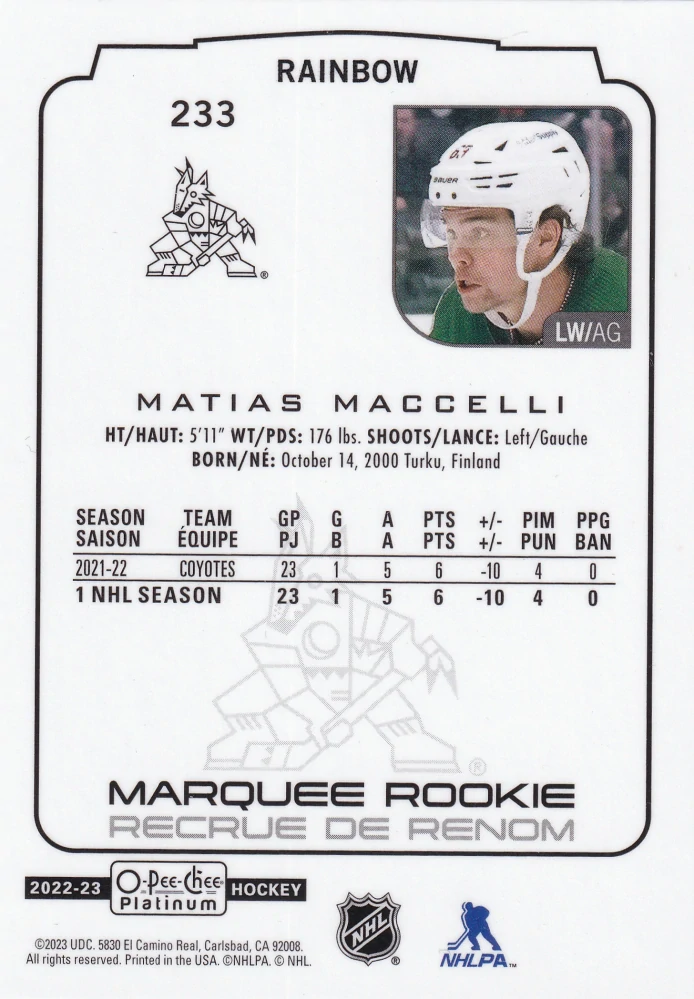 2022-23 UD O-Pee-Chee Platinum - Matias Maccelli - Marquee Rookie Rainbow #233