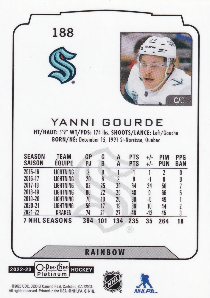 2022-23 UD O-Pee-Chee Platinum - Yanni Gourde - Rainbow #188