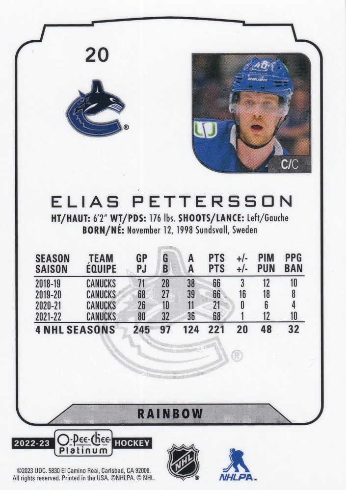 2022-23 UD O-Pee-Chee Platinum - Elias Pettersson - Rainbow #20
