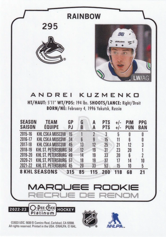 2022-23 UD O-Pee-Chee Platinum - Andrei Kuzmenko - Rainbow #295