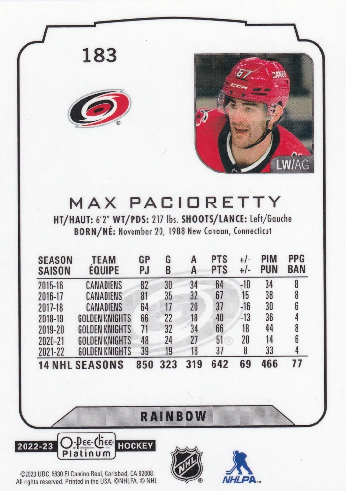 2022-23 UD O-Pee-Chee Platinum - Max Pacioretty - Rainbow #183