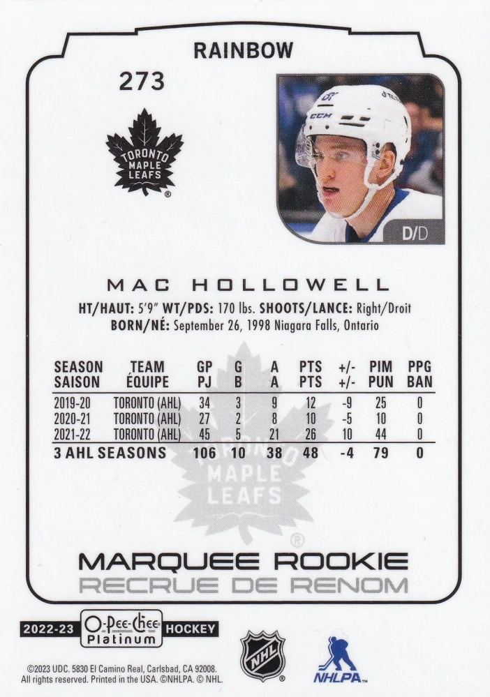 2022-23 UD O-Pee-Chee Platinum - Mac Hollowell - Marquee Rookie Rainbow #273