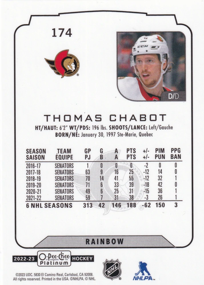 2022-23 UD O-Pee-Chee Platinum - Thomas Chabot - Rainbow #174