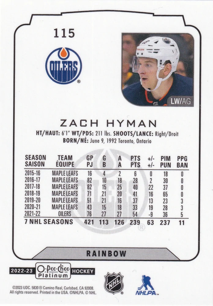 2022-23 UD O-Pee-Chee Platinum - Zach Hyman - Rainbow #115