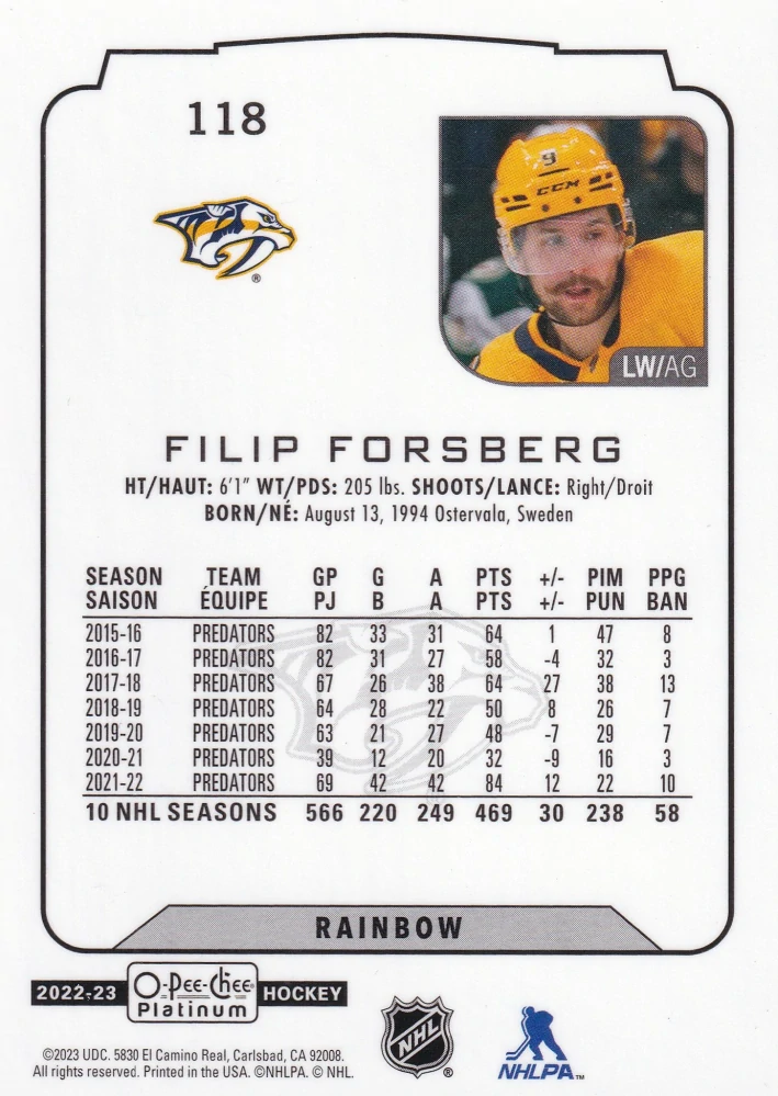 2022-23 UD O-Pee-Chee Platinum - Filip Forsberg - Rainbow #118