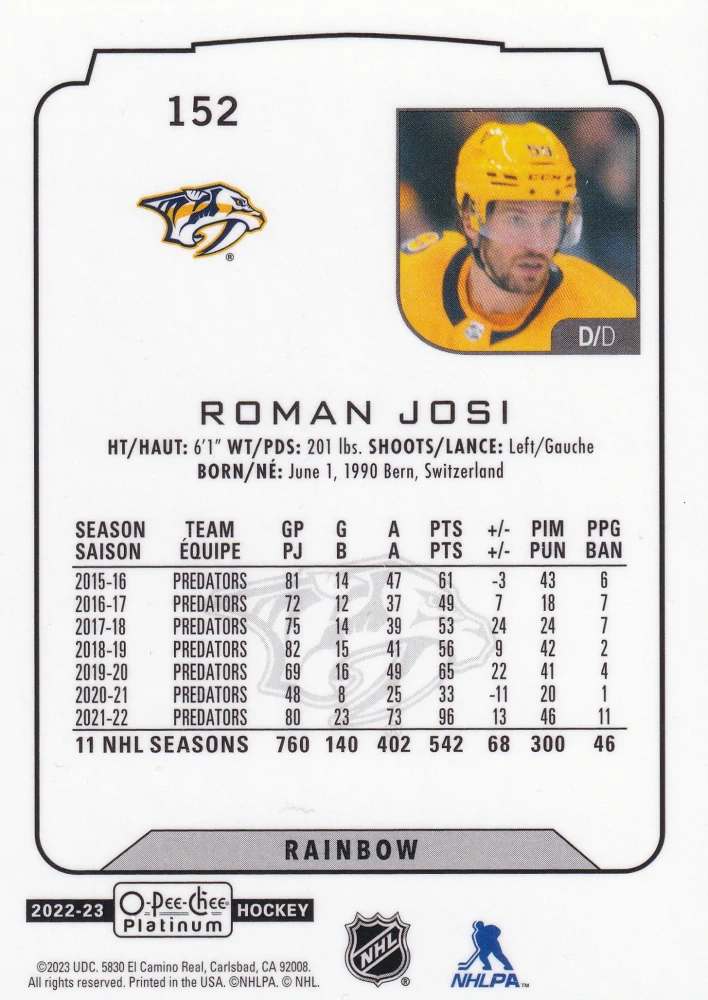 2022-23 UD O-Pee-Chee Platinum - Roman Josi - Rainbow #152