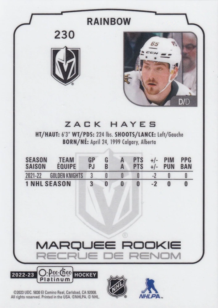 2022-23 UD O-Pee-Chee Platinum - Zack Hayes - Marquee Rookie Rainbow #230