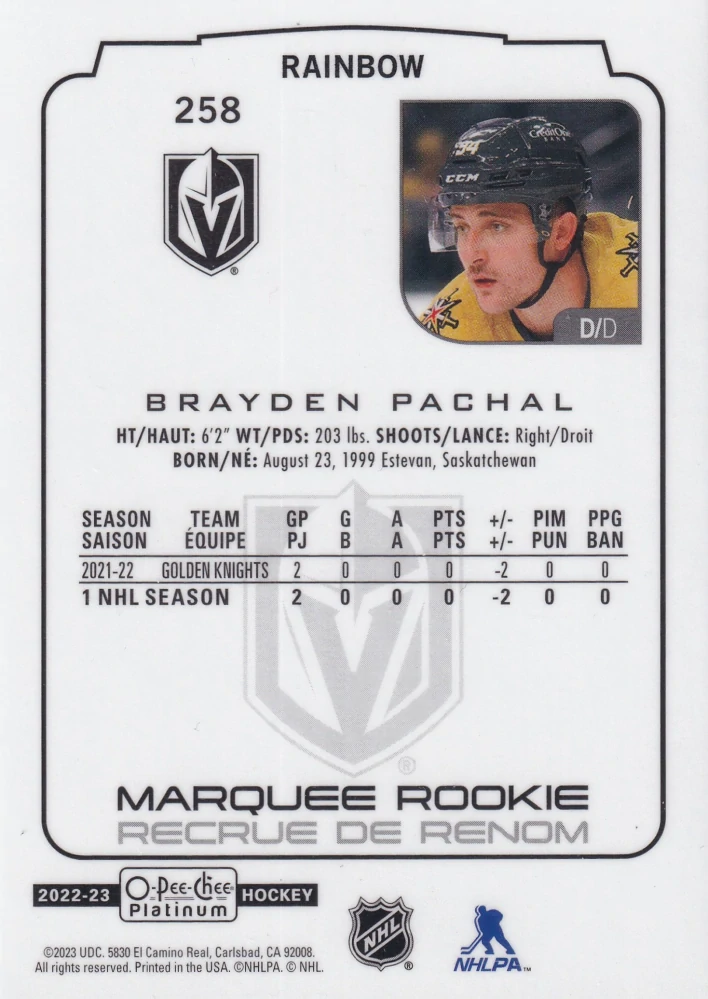 2022-23 UD O-Pee-Chee Platinum - Brayden Pachal - Marquee Rookie Rainbow #258