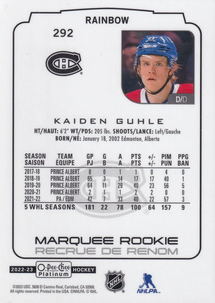 2022-23 UD O-Pee-Chee Platinum - Kayden Guhle - Marquee Rookie Rainbow #292
