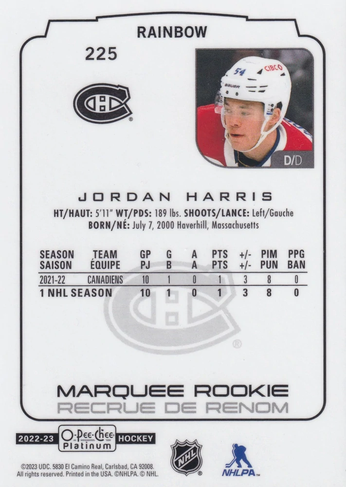 2022-23 UD O-Pee-Chee Platinum - Jordan Harris - Marquee Rookie Rainbow #225