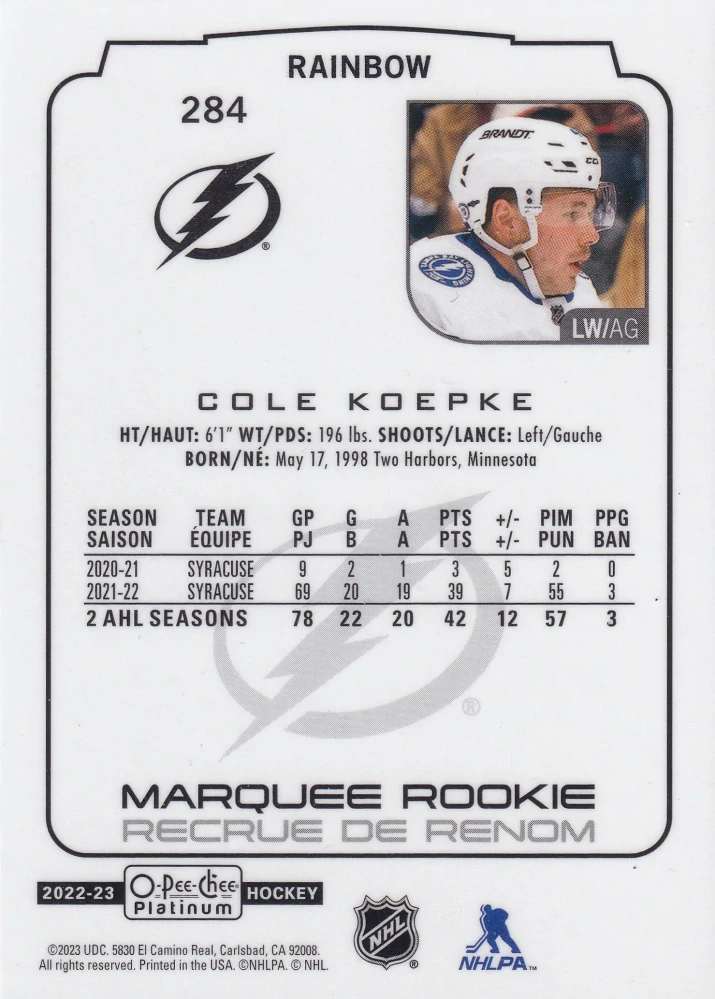 2022-23 UD O-Pee-Chee Platinum - Cole Koepke - Marquee Rookie Rainbow #284