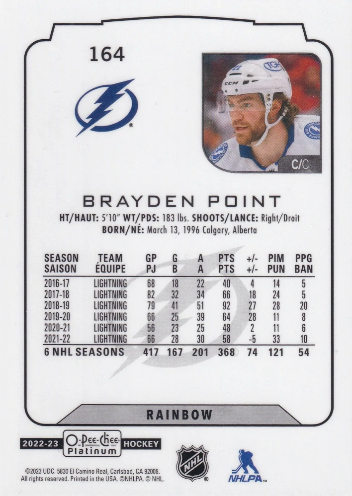 2022-23 UD O-Pee-Chee Platinum - Brayden Point - Rainbow #164