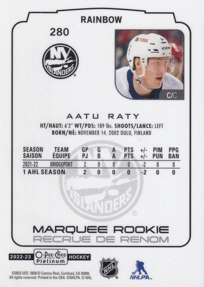 2022-23 UD O-Pee-Chee Platinum - Aatu Raty - Marquee Rookie Rainbow #280