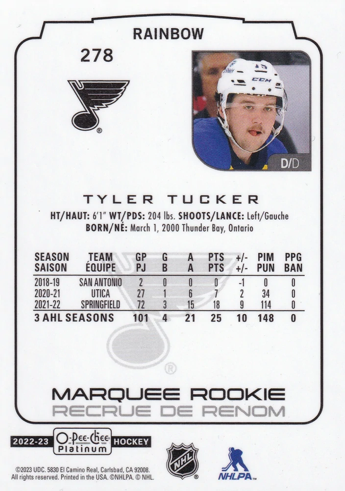 2022-23 UD O-Pee-Chee Platinum - Tyler Tucker - Marquee Rookie Rainbow #278